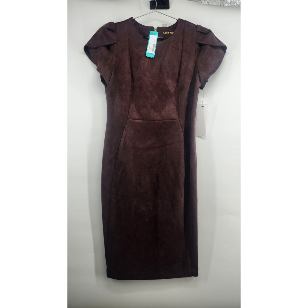 Calvin Klein Women's Size 6 Brown Suede Tulip Sleeve‎ Dress NWT